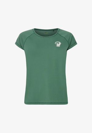 Zelena kratki rukav sportska majica od glatkog materijala, s okruglim izrezom i otisnutim logom na lijevoj strani prsiju.