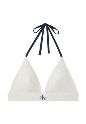 Witte driehoekige bikini top met marineblauwe halterbandjes en Calvin Klein-logo op de middenvoorband.