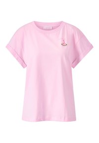 Roze katoenen T-shirt met korte mouwen, met een klein geborduurd flamingoontwerp op de borst. Gladde textuur, ontspannen pasvorm.