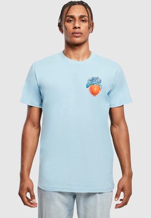 Light blue cotton t-shirt with short sleeves, featuring a graphic print of the text "Summer Season" and an orange sun icon on the front.