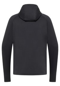 Hoodie noir à manches longues avec une finition texturée, présentant une capuche ajustée et une construction sans couture pour un design épuré et un confort optimal.