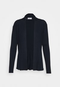 Černý žebrovaný cardigan s dlouhými rukávy, otevřeným předním designem a texturovaným materiálem. Vyznačuje se lehkým, měkkým materiálem ideálním pro vrstvení.