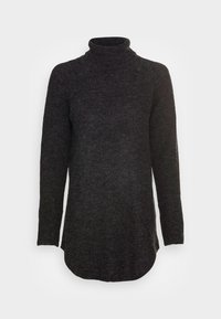 Dunkelgrauer Strick-Turtleneck-Pullover mit langen Ärmeln und abgerundetem Saum auf weißem Hintergrund.