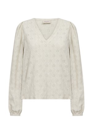 Crèmekleurige blouse met lange mouwen, een v-hals en opengewerkt bloemenborduursel, licht opgeblazen mouwen en elastische manchetten.
