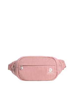Weiche rosa Bauchtasche mit vorderer Reißverschlusstasche, verstellbarem Riemen und weißem Discovery-Logo-Patch auf der Vorderseite.