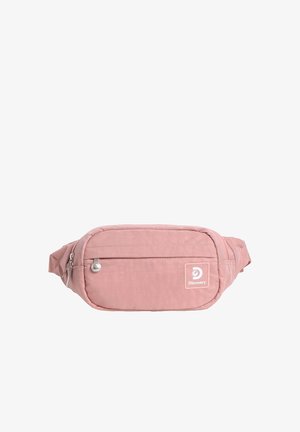 Soft pink waist bag with front zip pocket, adjustable strap, and white Discovery logo patch on the front.