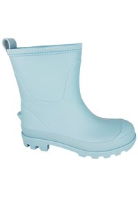 Botte en caoutchouc bleu clair avec un col en textile doux, semelle texturée et corps lisse, comportant un bout arrondi et une languette au dos.