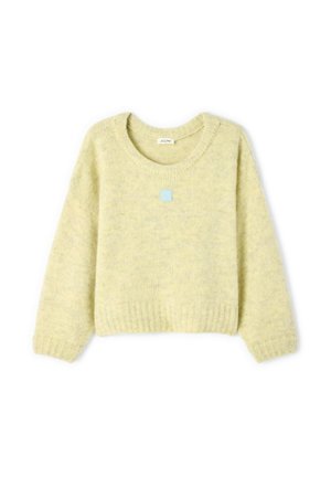 Pull en crochet de couleur jaune clair avec un col rond, des épaules tombantes et des poignets côtelés. Présente un petit accent de logo bleu à l'avant.