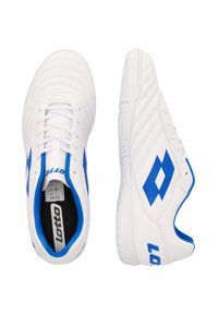 White athletic shoes with blue accents, textured stripes, and a diamond logo. Features a lace-up closure and padded collar for comfort.