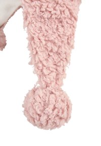 Pink plush toy leg featuring a curly, textured surface and a rounded, fluffy foot. The material is soft and fuzzy, with a solid structure.