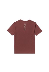 Bordowa koszulka z krótkim rękawem, wykonana z miękkiego materiału. Zawiera pionowe logo "RVCA" w jasnym kolorze na górnej części pleców. Design w klasycznym kroju.