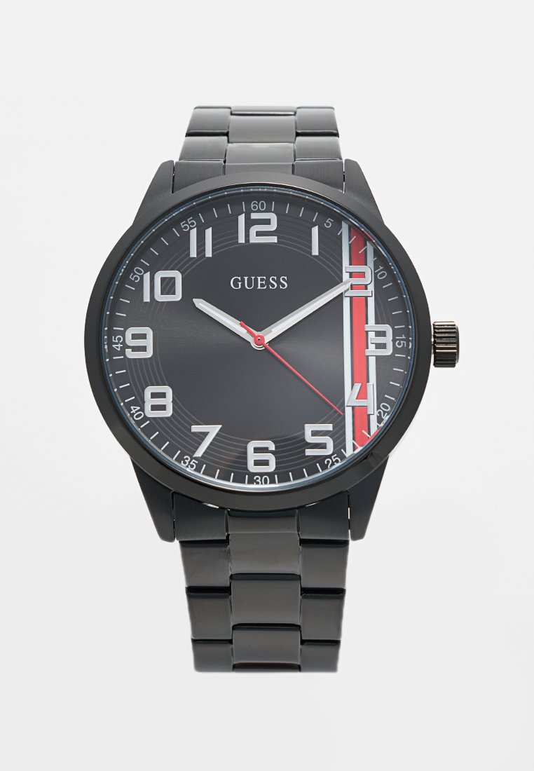 Reloj analógico negro con caja redonda, esfera gris, marcadores de hora blancos y una línea de acento roja. Pulsera de eslabones metálicos con acabado brillante.
