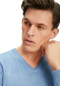 Hellblauer V-Ausschnitt-Pullover mit feiner Strickstruktur. Das Model hat kurzes, frisiertes Haar und stützt das Kinn auf die Hand, während es den Blick leicht außerhalb der Kamera richtet.