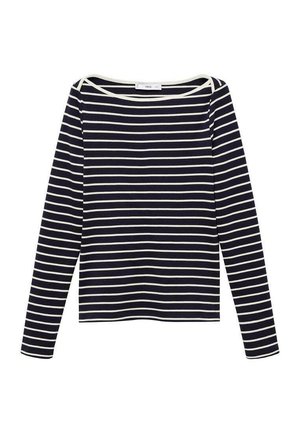 Námornícky modro-biely pruhovaný dlhý rukáv s širokým lodičkovým výstrihom. Má uvoľnený strih a jemnú textúru látky. Bez viditeľných log.
