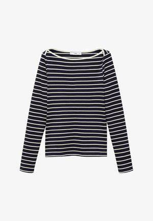 Navy and white striped long-sleeve top with a wide boat neckline. Features a relaxed fit and soft fabric texture. No visible logos.
