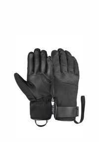 Zwarte winterhandschoenen van leer en nylon, met een gewatteerd ontwerp, elastische manchetten, een verstelbare band en getextureerde vingertoppen.
