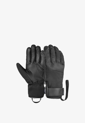 Schwarze Winterhandschuhe aus Leder und Nylon, mit gepolstertem Design, elastischem Bündchen, verstellbarem Riemen und strukturierten Fingerspitzen.