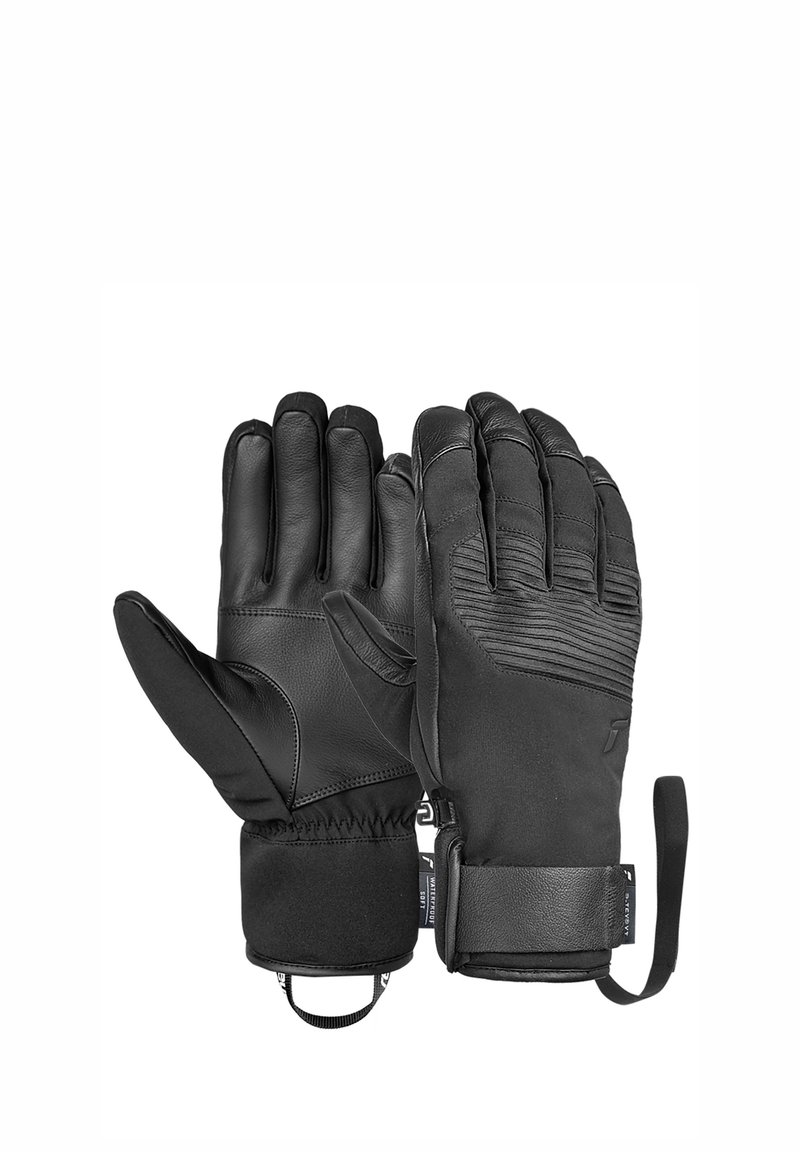 Zwarte winterhandschoenen van leer en nylon, met een gewatteerd ontwerp, elastische manchetten, een verstelbare band en getextureerde vingertoppen.