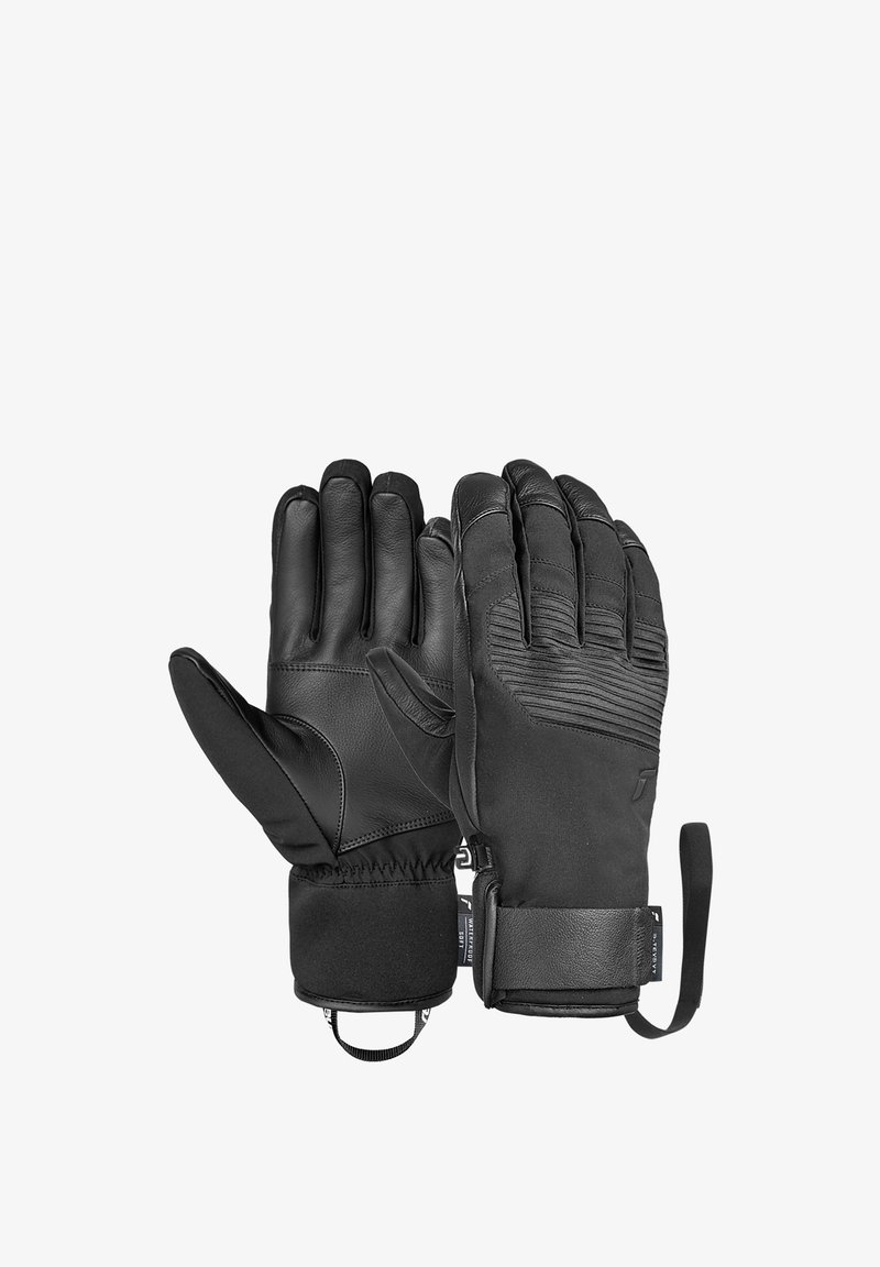 Schwarze Winterhandschuhe aus Leder und Nylon, mit gepolstertem Design, elastischem Bündchen, verstellbarem Riemen und strukturierten Fingerspitzen.