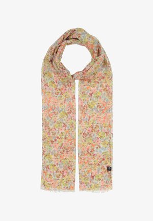 Écharpe longue et légère avec un motif floral pastel dans des tons de rose, vert, jaune et bleu, ornée d'une petite étiquette de marque noire.