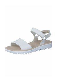 White sandal with a textured leather upper, two wide straps across the foot, and a supportive ankle strap, featuring a thick white rubber sole.