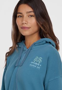 Haut de sweatshirt zippé bleu clair en tissu doux. Doté d'un motif de palmier et du logo "O'Neill Surf Co." sur le devant. Équipé de cordons de serrage.