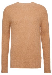Maglione beige lavorato a maglia con scollo rotondo, maniche lunghe e texture morbida. Presenta una silhouette leggermente aderente e polsini a coste.