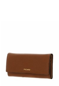 Portefeuille en cuir texturé marron avec logo Picard doré, forme rectangulaire et design plié sur fond blanc.