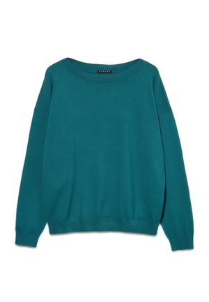 Maglione teal a maniche lunghe, con ampio scollo rotondo e polsini e orlo a coste, posato disteso su sfondo bianco.