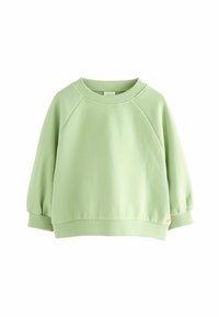 Sweatshirt vert clair avec des manches raglan, des poignets et un ourlet côtelés, texture douce et un petit logo en détail sur l'ourlet.