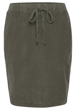 Oliven grøn bomuldsnederdel med en tætsiddende form, snoretræk i taljen og en subtil tekstur. Har en kant ved knæ længde og ingen synlige mønstre.