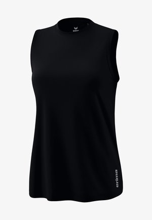 Débardeur de sport noir sans manches avec col rond, présentant un petit logo "erima" sur le bas à gauche à l'avant et une étiquette à l'intérieur du col.