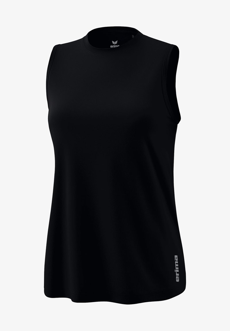 Schwarzes ärmelloses sportliches Tanktop mit Rundhalsausschnitt, vorne unten links mit kleinem "erima"-Logo und innen am Halsetikett.