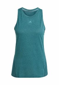Débardeur de sport sans manches en tissu texturé respirant, de couleur canard. Il possède un col rond et un logo discret sur la poitrine.
