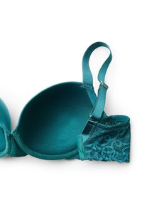 Türkise BH mit glatten Satin-Cups, Spitzenbesatz, verstellbaren Trägern und goldenen Details. Klassisches Design mit einer weichen Textur und filigranen Details.
