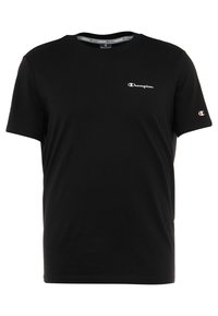 Black cotton t-shirt with a crew neckline, featuring a white "Champion" logo on the left chest and a small logo on the sleeve.