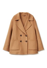 Dvojí zapínání kabát ze směsi velbloudí vlny, s velkými klopami, dvěma předními kapsami a tmavě hnědými knoflíky. Měkký, texturovaný povrch.