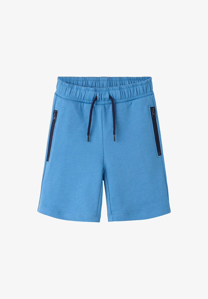 Shorts décontractés bleus avec taille élastique, cordon noir et poches zippées noires de chaque côté, présentés sur fond blanc.