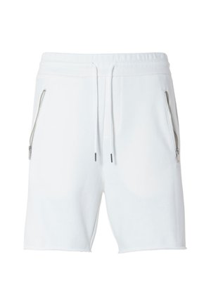 Hvide shorts lavet af blødt stof med elastisk linning og snøre. Har to sidelommer med lynlås og et lige snit.