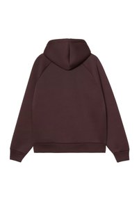 Sudadera con capucha de color marrón oscuro, con mangas raglán, de textura suave y puños y dobladillo acanalados. Presenta una gran capucha y un diseño minimalista.