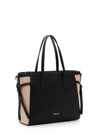 Sac fourre-tout noir et beige avec doubles bretelles, côtés texturés et petit logo de marque au centre devant.