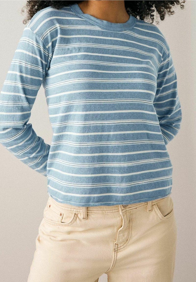 Lange mouwen, lichtblauwe gestreepte shirt met witte horizontale strepen; zachte textuur; ronde halslijn; gedragen met lichtbeige broek.