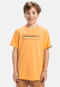 Oranžové tričko s krátkym rukávom s logom Quiksilver v obdĺžnikovom dizajne. Vyrobené z jemnej bavlny, s okrúhlym výstrihom a voľným strihom.