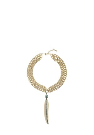 Gold-tone chain necklace with two thick linked strands and a long, curved cream and black pendant hanging at the center.