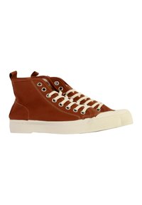 Bruine canvas hoge sneakers met witte veters en rubberen zool. Bevat metalen ogen en een lus aan de achterkant voor gemakkelijk aan- en uittrekken.