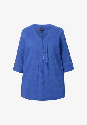 Blauw, getextureerde blouse met een V-hals, driekwart mouwen en een knopenfront met bijpassende knopen.