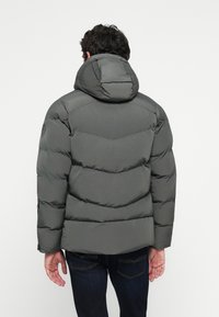 Chaqueta de plumas en gris oscuro, con un diseño acolchado, cuello alto y capucha. El material parece suave y aislante, con un logo en la manga.