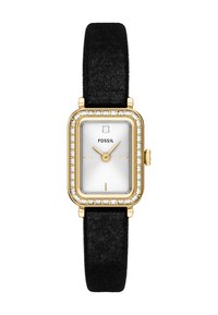 Prostokątny złoty zegarek z białą tarczą, bezel wysadzany kryształkami, minimalne znaczniki godzin, złote wskazówki i czarny materiałowy pasek.