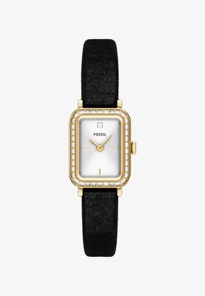 Orologio d'oro rettangolare con quadrante bianco, lunetta tempestata di cristalli, indicatori dell'ora minimi, lancette dorate e cinturino in tessuto nero.