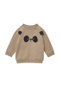 Beige Sweatshirt für Kleinkinder mit Panda-Gesicht-Design, das schwarze, flauschige Augenschalen, eine Nase, einen Mund und zwei schwarze Stoffohren auf den Schultern zeigt.